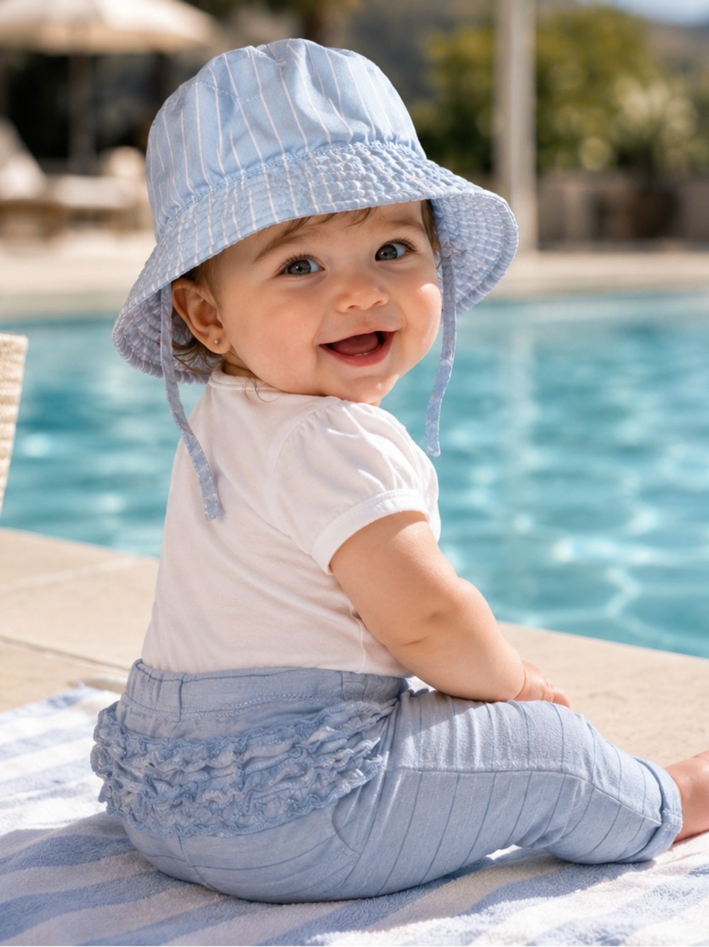 BabyBlue 100% Organic Cotton Sun Hat & Ruffle Legging & White Onsie Pool 3Pc Set